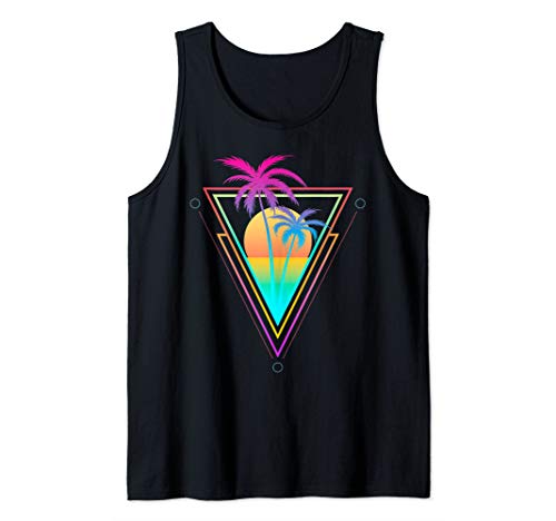 Retro 1980s 1990s vaporwave palm trees sunset beach surf art tank…