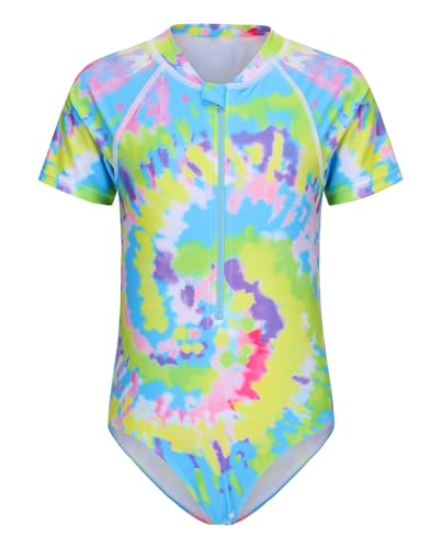 Image of Girls One Piece Rash Guard Swimsuits for Kids Girls Short Sleeve Bathing Suits with Front Zipper Swimwear 3-16 Years