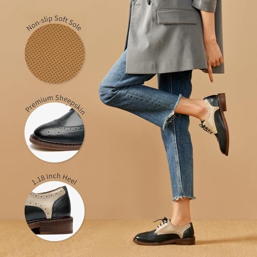 Image of BEAU TODAY Oxford Shoes for Women,Leather Brogue Dress Shoes,Comfort Brethable Ladies Lace-up Handmade Wingtip Shoes for Business Work
