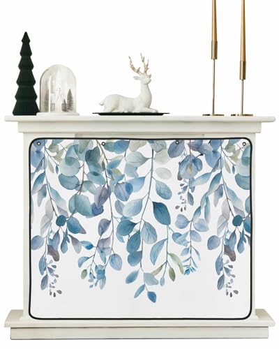 Fall Blue Eucalyptus Magnetic Fireplace Cover Decorative Indoor For Brick Fireplace, Insulation Fireplace Blocker Blanket Draft Stop Hot Heat Save Energy, Thanksgiving Autumn Botanical Leaf 36"Wx30"H