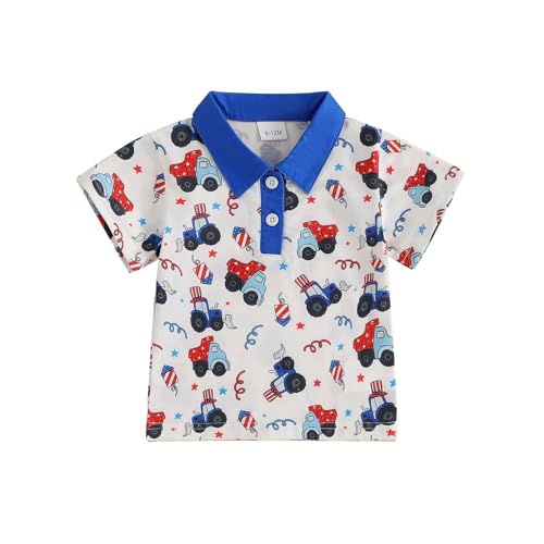 KMBANGI Toddler Baby Boy 4th of July Shirts Short Sleeve Trucks Lapel Polo T Shirt Baby Farm Outfit Summer Clothes 6M-4Y (White, 3-4 Years)