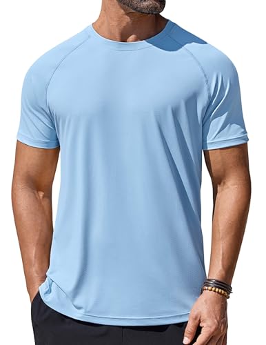 COOFANDY Mens Swim Shirts Short Sleeve UPF 50+ Sun Protection Shirt Athletic Quick Dry Stretch T Shirts Blue