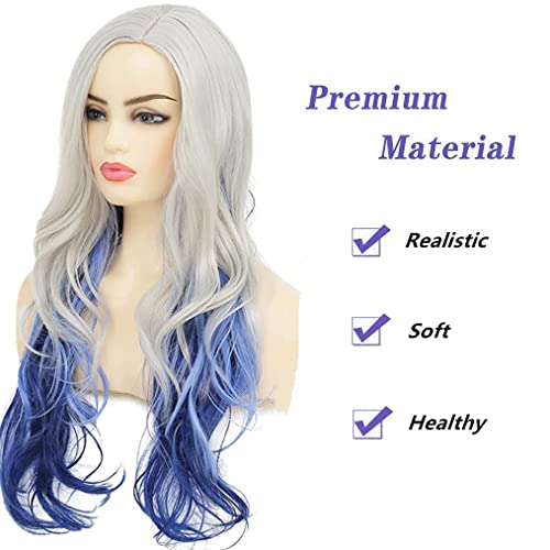 Beweig Long Curly Wavy Silver Grey To Blue Wig Side Part Natural Looking Synthetic Cosplay Wig For Women #TOP1