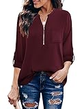 Furnex Women's 3/4 Sleeve Cuffed Blouse - Dark Red V-Neck Zip-Up Chiffon Tunic Top XL