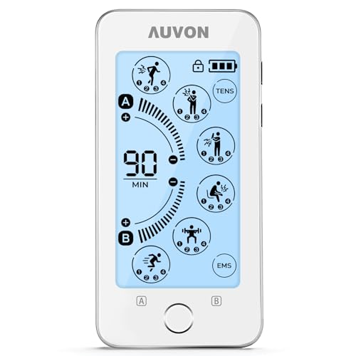 AUVON Touchscreen TENS Unit Muscle Stimulator for Pain Relief, 24 Modes Dual-Channel Rechargeable TENS Machine with 2 x Battery Life, Continuous Mode, Cable Tie, Pad Holder and 8 TENS Pads (White)