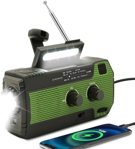 Notfall-Solarradio,Solarbaby Selbstbetriebenes Kurbelradio mit LED-Taschenlampe, SOS-Alarm,AM/FM Wetter Wind Up Radio mit 4000mAh Akku für Notladung von Smartphone-Grün