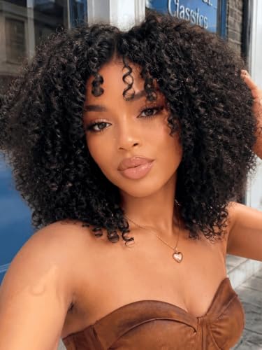 Image of KLAIYI Bye Bye Slip Afro Kinky Curly Precut 7x5Lace Front Wigs Human Hair Glueless Pre Plucked Bleached Knots Drawstring Bouncy Curls Ready to Wear and Go Wig with Finger Coil Ends 180%Density 26Inch