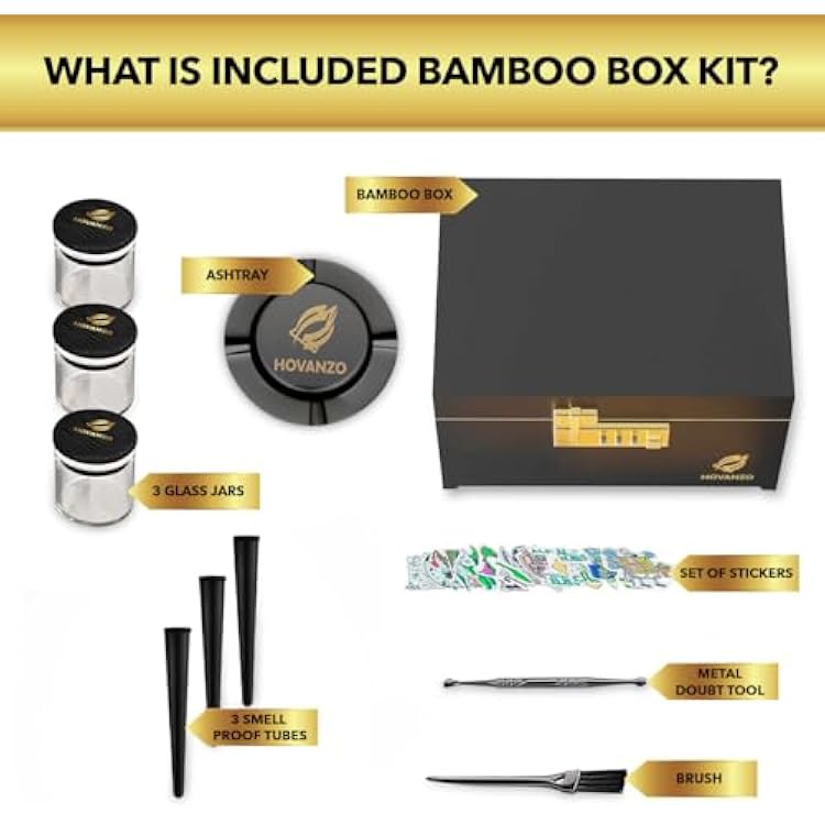 صندوق تخزين كبير من الخيزران الفاخر من Hovanzo مع صينية قابلة للإزالة - صندوق تخزين خشبي للأعشاب والملحقات - مجموعة صناديق تخزين مع قفل مركب - حاوية مقاومة للرائحة مع الملحقات