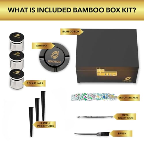 Image of HOVANZO Premium Large Bamboo Storage Box with Organizer Tray - Storage Wood Box and Accessories - Decorative Box with Combination Lock - Large Wooden Container - Box Kit with Glass Jars