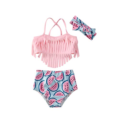Bebé Niña Traje de Baño Bañador Bikini 3 Piezas Set Swimwear Crop Top Camisola Corta + Braguita + Diadema Ropa de Baño para Recién Nacida de 0 a 24 Meses (Rosa, 18 Months) 100CM