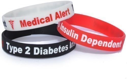 TYPE 2 DIABETES WRISTBAND (1 x WHITE WRISTBAND) MEDICAL ALERT – 3 TONE BRACELET – 100% Silicone id card Emergency diabetic identity rubber Insulin Dependent permanent ink Debossed bands