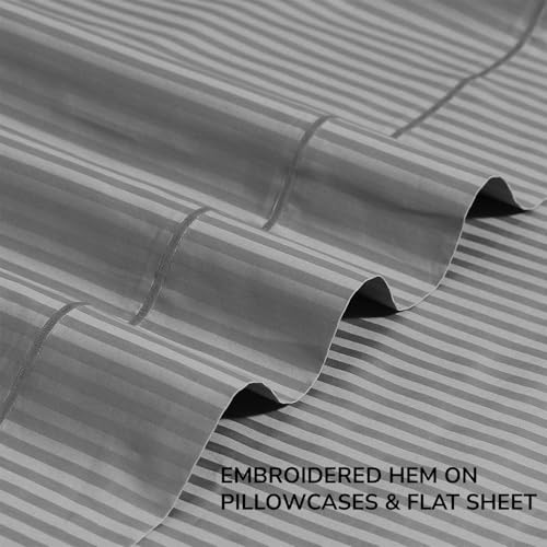 Image of Feather & Stitch 500 TC Split King Size Sheet Set, 5 piece Bed Sheets Set-2 Twin Fitted Sheet, 1 King Flat Sheet & 2 King Pillowcases, 18 inch Deep Pockets Sateen Weave Striped Bedsheet - (Grey Stripe)