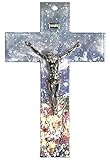 Wandkreuz aus Glas mit silberfarbenem Jesus Christus Metall-Corpus