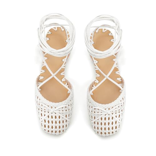Image of Woven Ballet Flats for Women Lace Up Closed Square Toe Summer Sandals Dressy Shoes