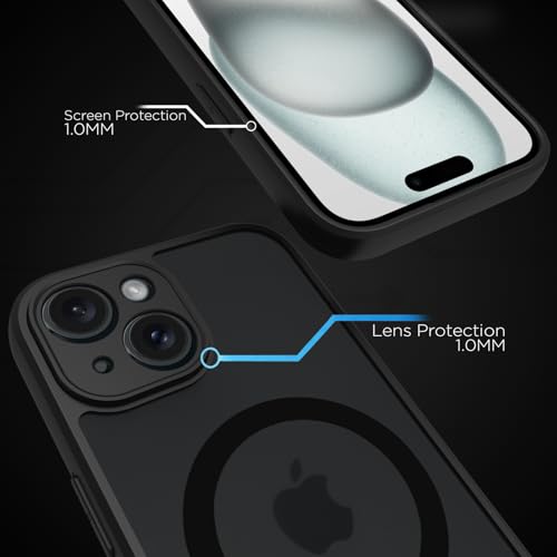 Image of RIGGEAR Shockproof Sleek Hybrid Armor Upgraded C-Shaped Magnetic Back Cover Case Compatible with MagSafe Accessories for iPhone 15 (Smoke Black Matte PC + Black TPU Bumper)