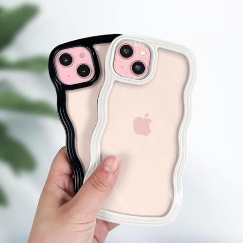 Image of GoldKart iPhone 15 Plus Case Wavy Edge Clear Back Design, Anti-Slip Grip Cute Wave Curly Frame Shape Shockproof Soft TPU & Hard PC Bumper Protective Phone Case Cover for Women Girls - White