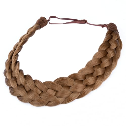BOBIYA 5 Strand Synthetic Hair Braided Headband Classic Chunky Wide Plaited Braids Elastic Stretch Hairpiece for Women Girl (Dark Medium Brown)