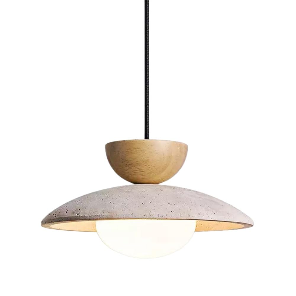 Klobvtt Natural Stone Pendant Light Fixture Wabi Sabi Travertine Wood Hanging Lamp with White Glass Shade, 9.8in Ceiling Pendant Lights for Kitchen Island, Bedroom, Dining Room(Wood)