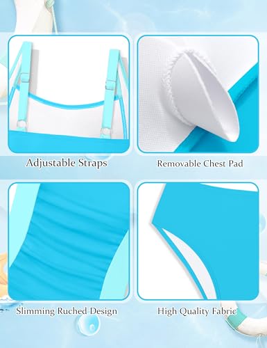 Image of Girls Tankini Swimsuit Solid Color Blocking Two Piece Bathing Suit Ruched Slimming Teen Girls' Swimwear for 9-18Years