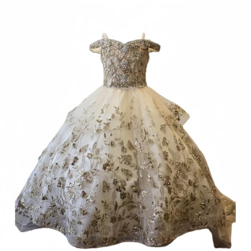 Luxury Flower Girl Dress with Gold Floral Butterfly Party Ball Gowns Beaded Sequin Mini Quinceanera Dresses for Girls