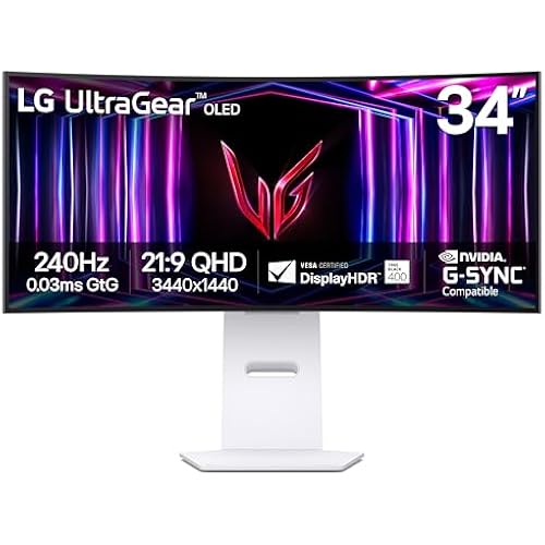 LG 34GS95QE 34-inch Ultragear OLED Curved Gaming Monitor WQHD 1440p 800R 240Hz 0.03ms AMD FreeSync Premium Pro NVIDIA G-Sync HDMI 2.1 DisplayPort Tilt/Height/Swivel Stand White