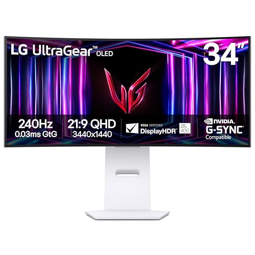 LG 34GS95QE 34-inch Ultragear OLED Curved Gaming Monitor WQHD 1440p 800R 240Hz 0.03ms AMD FreeSync Premium Pro NVIDIA G-Sync HDMI 2.1 DisplayPort Tilt/Height/Swivel Stand White