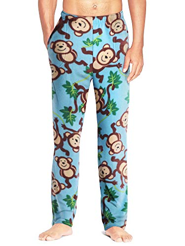 Mens Premium Pajama Pants Animal Knit Fleece Lounge PJ Bottom with Pockets (Small, 1up06_Sky Blue/Monkey)