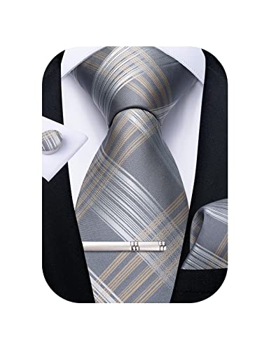 Image of DiBanGu Plaid Ties for Men Silk Checkered Necktie and Pocket Square Cufflinks Tie Clip Set with Gift Box for Wedding Business