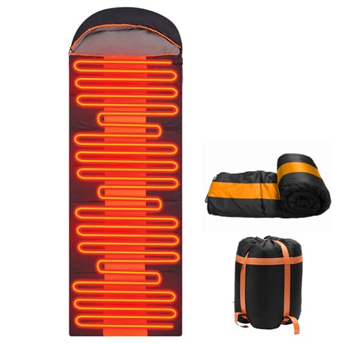 Sleeping Bags for Adults, Heated Sleeping Bag, Camping Sleeping Bags for Adults&Kids, 3 Adjustable Temperature, Waterproof USB Rechargeable Heating Pads(Orange)