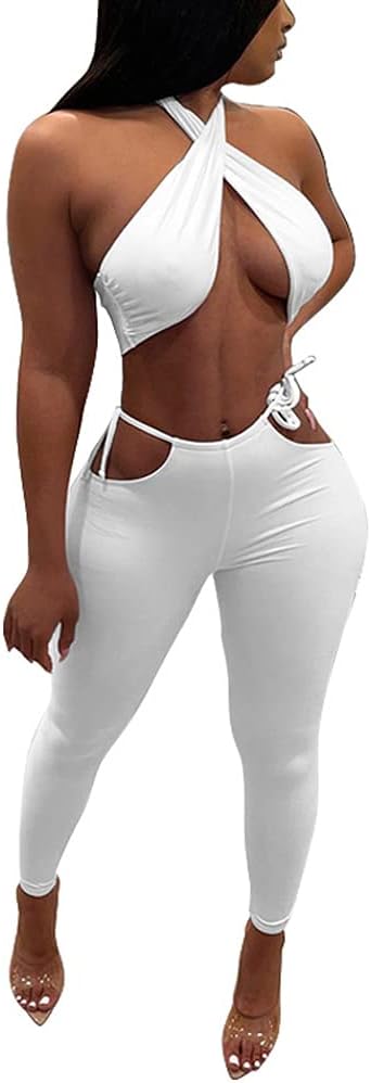 Azhong Women's Sexy Summer 2 Piece Outfits Halter Neck Crop Top and Bodycon Pant Sets Jumpsuit Clubwear