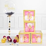 Gold Baby Shower Boxes – 4 Pcs Gold Transparent Balloon Boxes with 4*4 Gold BABY Letters, Gold...