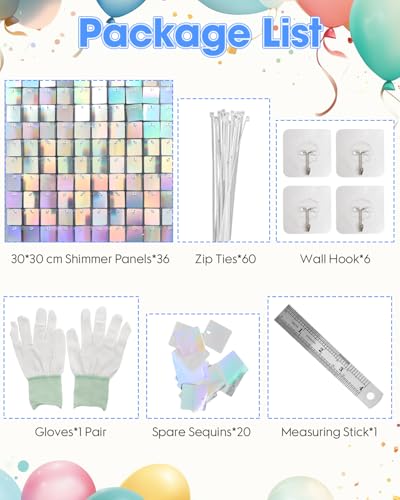Image of Iridescent Silver Shimmer Wall Backdrop 36 Panels Cover 6 x 6 Ft, Photo Backdrops for Wedding,Anniversary,Birthday,Party Decoration