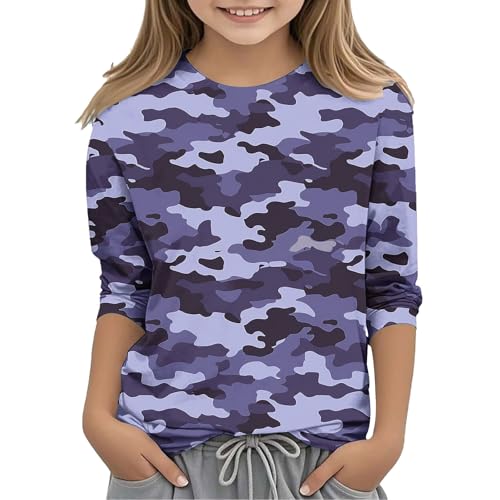 3/4 Length Sleeve Tops Kids Girl Camo Shirt Printed Crew Neck T Shirts Loose Three Quarter Casual Dressy Blouses