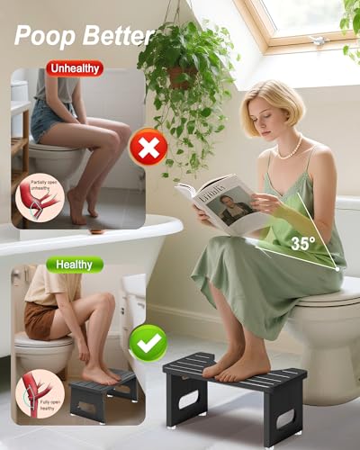 Image of Foldable Toilet Stool, 7.5 Inches Bamboo Toilet Stool Squat for Adults, Collapsible Poop Stool for Bathroom, Potty Step Stool with Non-Slip Strip