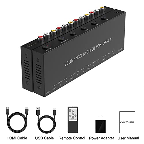 4Port Av To Hdmi Converter, Rca/Composite/Cvbs To Hdmi Adapter Support 16:9/4:3 Switch Compatible With Wii/N64/Ps1/Ps2/Ps3/Vhs/Vcr/Dvd Players Etc (4Port Rca In To 1 Hdmi Converter With Ir Remote) #TOP5