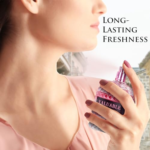 NovoGlow Valuable for Women - Dazzling Fragrance with Fruity, Floral, Spicy & Woody Accords - Base of Bourbon Vanilla, Guaiac Wood & Soft Cashmeran - Elegant 3.4 oz Spray Bottle with a Suede Pouch - Thumbnail 5