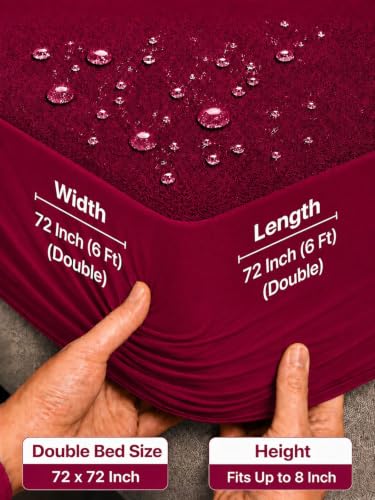 Image of Waterproof Mattress Protector 6x6 Feet (72x72) | Elastic Fitted Bedsheet | Soft & Durable Gadda Cover Dustproof By Bharat Griha BG16 (Maroon, Double 72x72 inch (6x6ft), Mattress Cover)