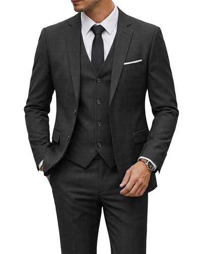 Image of YND Men's 3 Piece Suit with Tie, Solid Color Slim Fit Jacket Vest and Pants