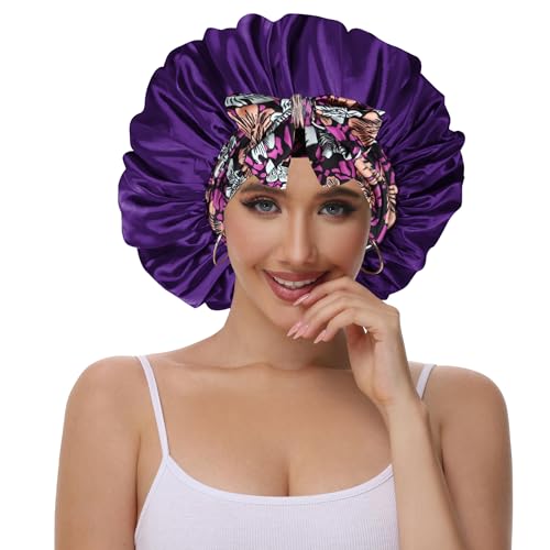Vettres Silk Bonnet for Sleeping Straight Hair Satin Turban Hair Cover for Sleeping Silk Bonnet with Tie Purple Flower — view 2