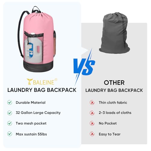 BALEINE 2PK 150L Laundry Bag Backpack, 900D Oxford Fabric Large Travel Laundry Bags with Shoulder Straps and 2 Mesh Pockets for College Dorm, Apartment, Laundromat (Pink, 150L) — view 6