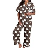 Generisch Conjunto de pijama para mujer con estampado floral y botones para una cómoda ropa de dormir para un sueño reparador, marrón, S