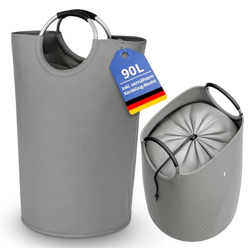 SAMMLEX Pfandflaschenbeutel|90 L Volumen für 50 Flaschen oder 70 Dosen|70 x 39 cm|faltbar und wasserabweisend|mit Kordelzug und Alu-Griffen|als Einkaufstasche verwendbar|grau und schwarz (Grau)