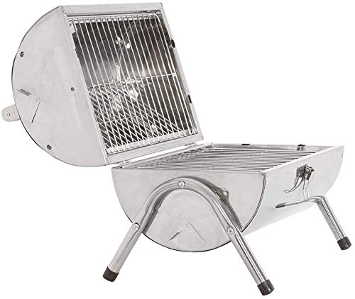 Portable Barrel Stainless Steel BBQ with 2 Independent Cooking Areas Features Side Vents and Wooden Carry Handle - Great for Beach Outings, Garden, Party or Camping Trip