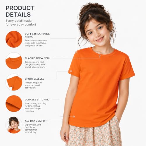 Image of Kids Round Neck Girls Tshirt | Short Sleeves | Natural Organic 100% Cotton Soft Comfortable Fabric | Plain Color Original Branded Half Sleeve | School t-Shirt for Girl Kid | Sleepwear Everyday Casual