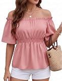 Aupuls Blusa casual de verano con hombros descubiertos para mujer, manga