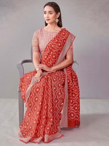 Image of Satrani Women's Chanderi Printed & Embroidery Saree with Unstitched Blouse Piece