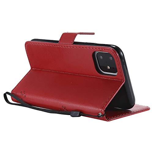 Iphone 11 Case With Screen Protector,Iphone 11 Wallet Case,Flip Case Pu Leather Emboss Tree Cat Flowers Folio Magnetic Kickstand Cover Card Slots For Iphone 11 Red #TOP3