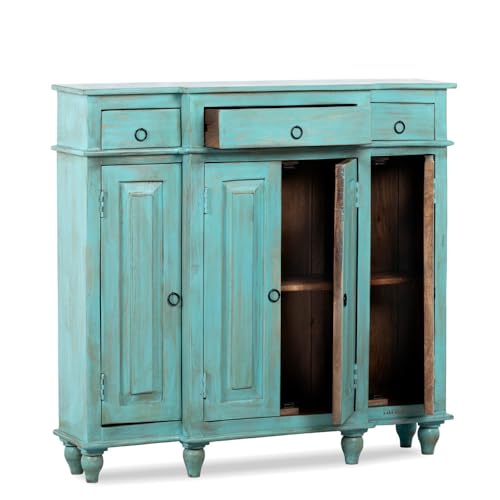 Image of Harvey Wooden Sideboard Cabinet for Living Room | Antique Wooden Cabinet for Storage Organizer with Doors | Cabinet for Home | Wooden Storage Furniture for Home | Turquoise Distress
