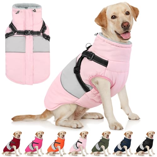 Image of AOFITEE Dog Coat, Large Dog Jacket, Dogs Coat with Harness Built in, Reflective Waterproof Dogs Jackets Winter with Furry Collar, Warm Polar Fleece Pet Sweater Snowsuit for Doberman, Great Dane, XXL