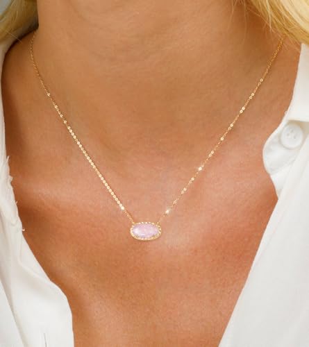 TLY Gold Necklace for Women Non Tarnish 14k Gold Plated Dainty Preppy Pendant Necklace Oval Gemstone Crystal Druzy Stone Rose Quartz Choker Necklace Birthday Wedding Everday Birthstone Jewelry Gifts for Mom2
